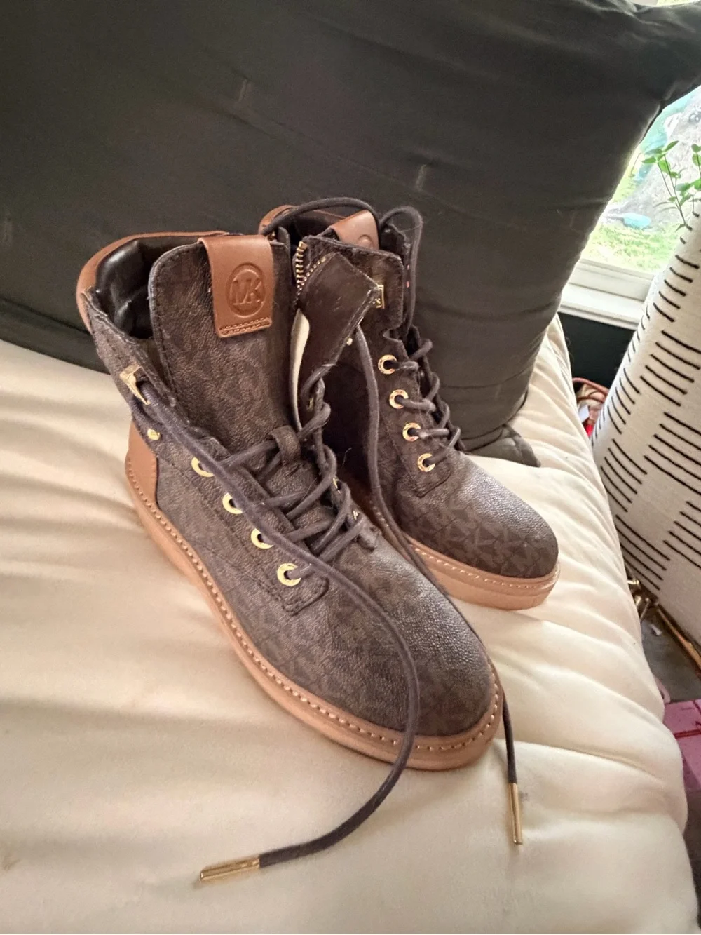 Michael Kors Brown Logo Lace-Up Platform Combat Boots
